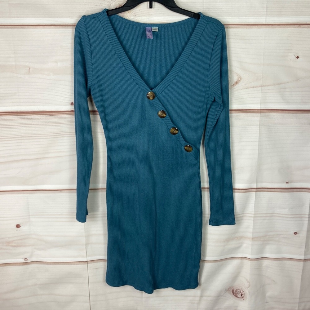 Alya Dress Womens Small V-Neck Rib Knit Mini Bodycon Long Sleeve Button Trim